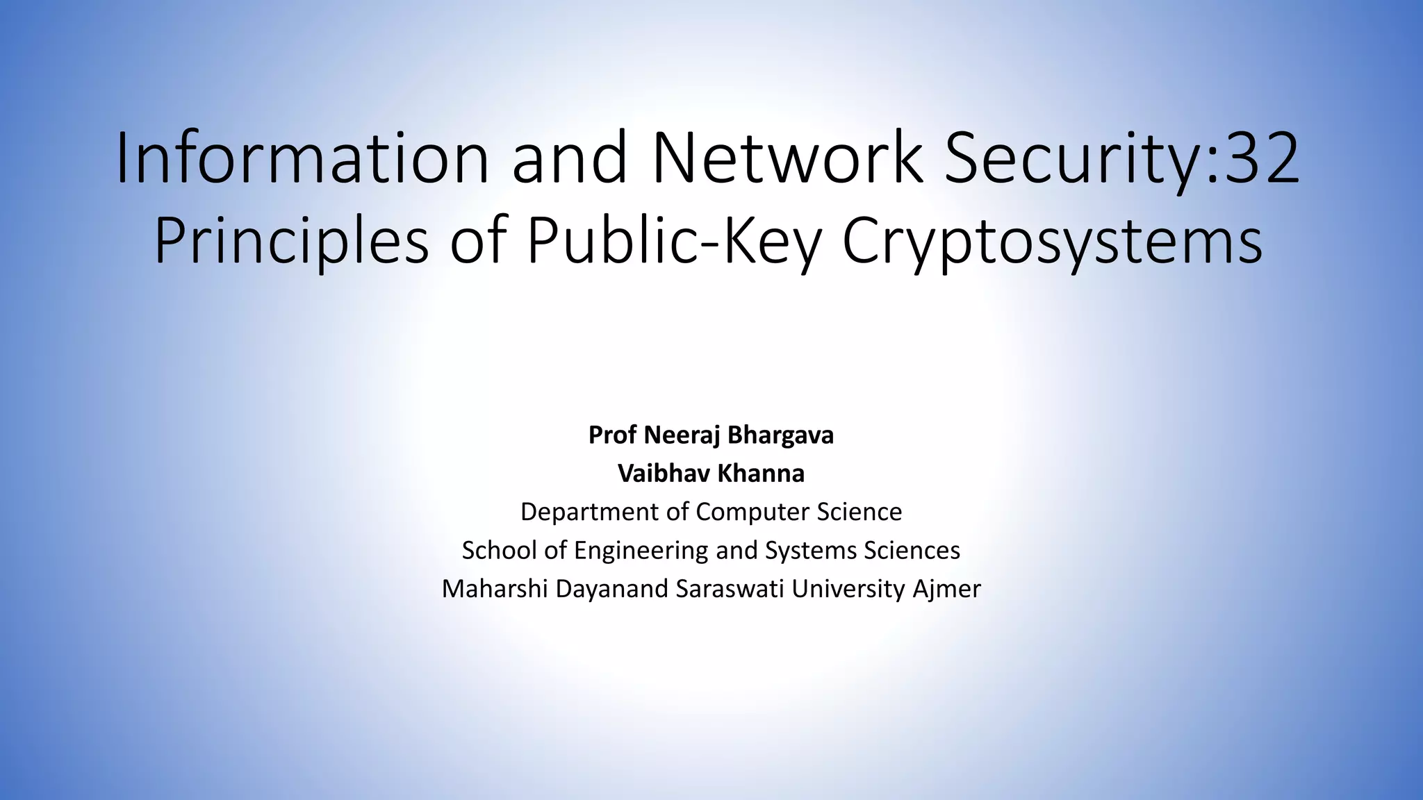 Principles Of Public Key Cryptosystems