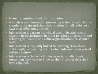  Human cognition is fed by information
 A family is an information processing system – each day its
members obtain and share information (or fail to do so) in
ways that affect one another.
 Information is data an individual uses in its attempts to
adapt to its environment in order to reduce uncertainty and
achieve gratification and achieve gratification (N. Weiner,
1948).
 Information is explicitly linked to meaning (Daniels and
Spiker, 1987) – meaning occurs when information is placed
within a context.
 Information is that which informs or tells individuals
something they want to know as they interpret data they
have acquired.
 