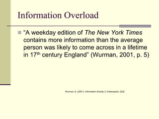 Information Overload
“A weekday edition of The New York Times
contains more information than the average
person was likely to come across in a lifetime
in 17th century England” (Wurman, 2001, p. 5)
Wurman, S. (2001). Information Anxiety 2. Indianapolis, QUE.
