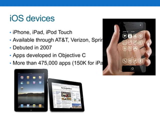 iOS devicesiPhone, iPad, iPod TouchAvailable through AT&T, Verizon, SprintDebuted in 2007Apps developed in Objective CMore than 475,000 apps (150K for iPad)