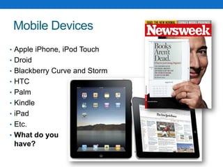 Mobile DevicesApple iPhone, iPod TouchDroidBlackberry Curve and StormHTCPalmKindleiPadEtc.What do you have?