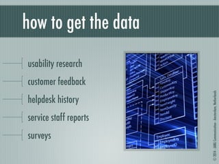 © 2014 - JANG Communication - Amsterdam, Netherlands 
how to get the data 
usability research 
customer feedback 
helpdesk history 
service staff reports 
surveys 
 