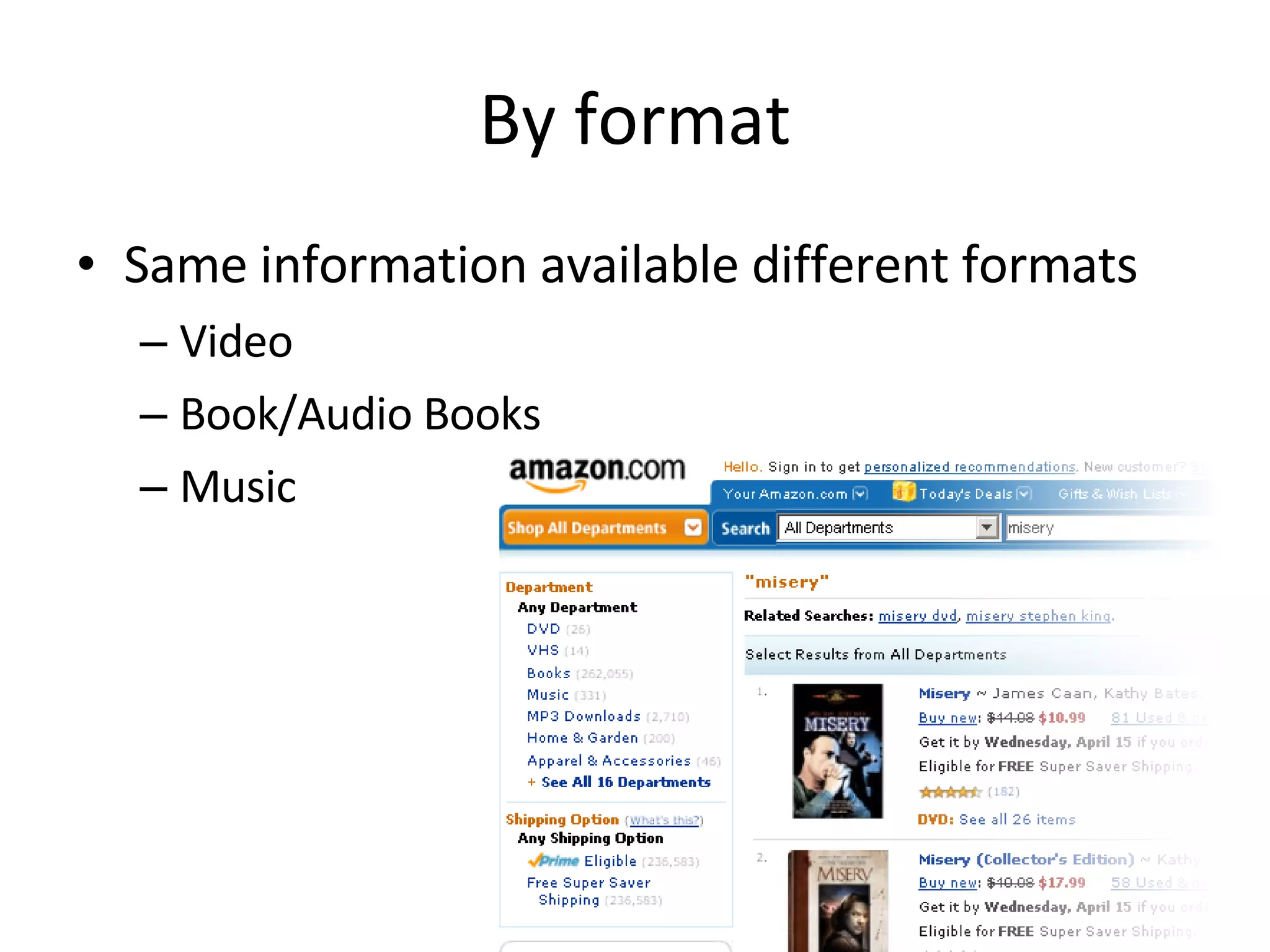 By format Same information available different formats Video Book/Audio Books Music 