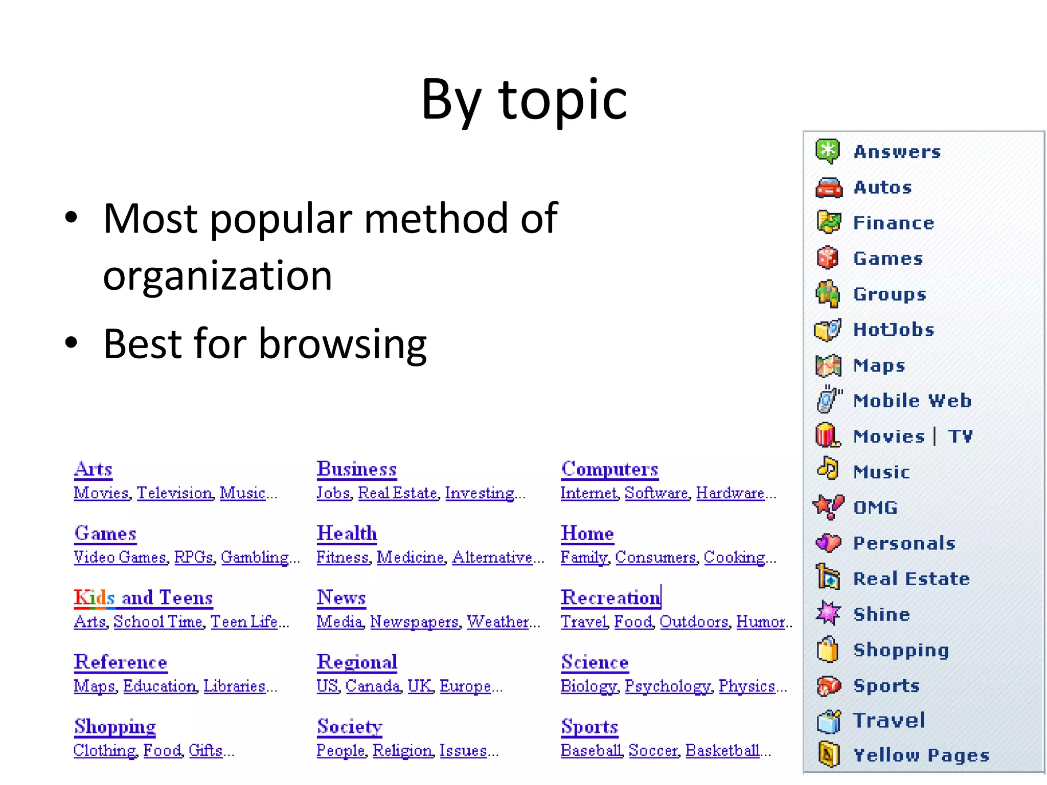 By topic Most popular method of organization Best for browsing 