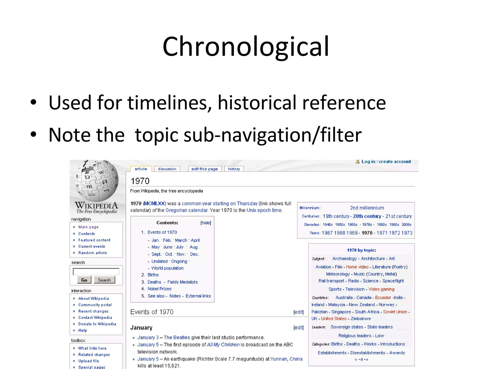 Chronological Used for timelines, historical reference Note the  topic sub-navigation/filter 