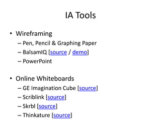 IA Tools
• Wireframing
– Pen, Pencil & Graphing Paper
– BalsamIQ [source / demo]
– PowerPoint
• Online Whiteboards
– GE Imagination Cube [source]
– Scriblink [source]
– Skrbl [source]
– Thinkature [source]
 
