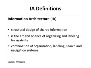 IA Definitions
Information Architecture (IA)
• structural design of shared information
• is the art and science of organizing and labeling ...
for usability
• combination of organization, labeling, search and
navigation systems
Source: Wikipedia
 