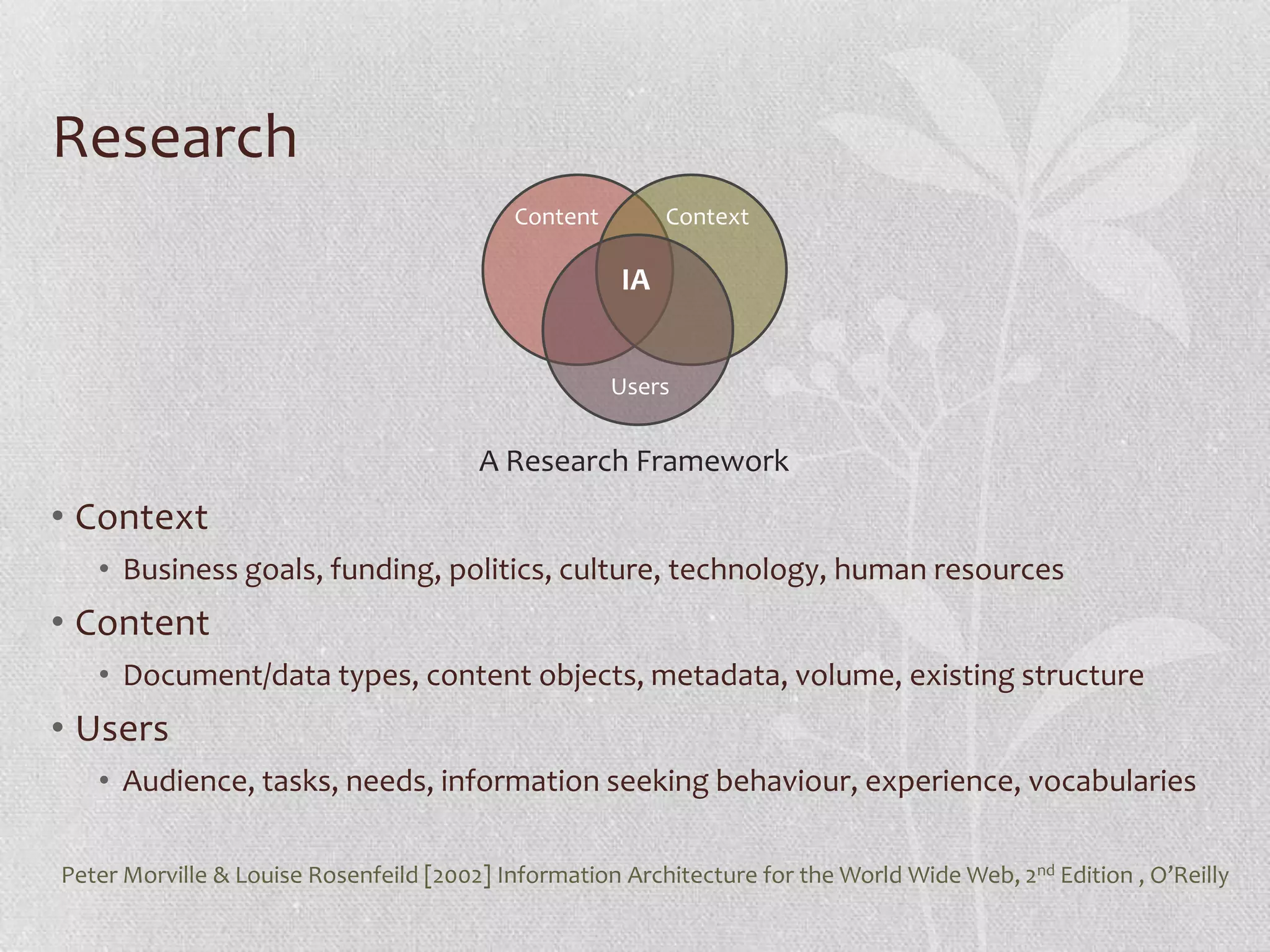 Research
                                           Content         Context

                                                      IA


                                                     Users


                                        A Research Framework
• Context
   • Business goals, funding, politics, culture, technology, human resources
• Content
   • Document/data types, content objects, metadata, volume, existing structure
• Users
   • Audience, tasks, needs, information seeking behaviour, experience, vocabularies

Peter Morville & Louise Rosenfeild [2002] Information Architecture for the World Wide Web, 2nd Edition , O’Reilly
 