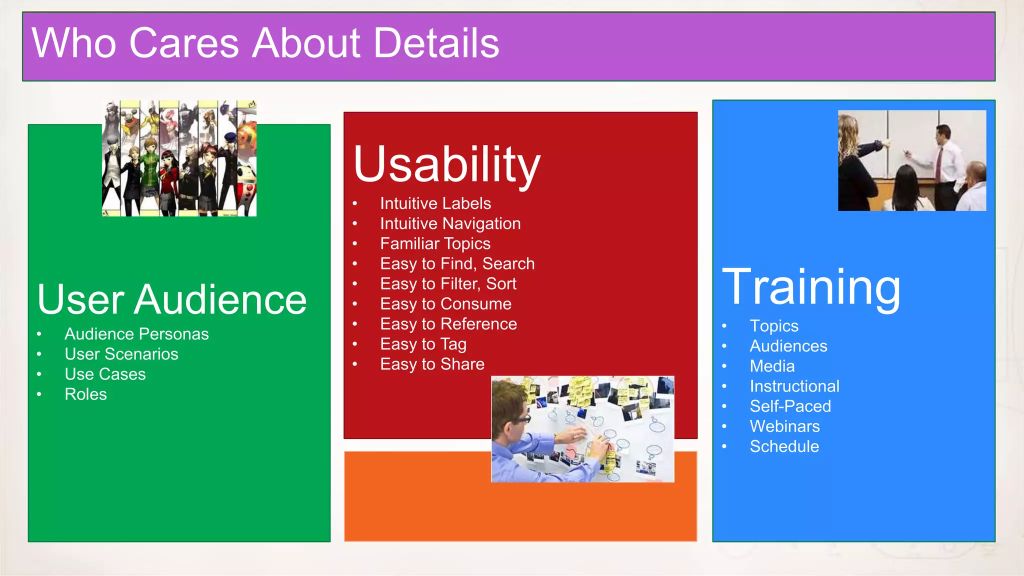 Context
Approvals About Details
Management
Who Cares

                        Usability
                        •   Intuitive Labels
                        •   Intuitive Navigation
                        •   Familiar Topics
                        •   Easy to Find, Search

User Audience
                        •
                        •
                            Easy to Filter, Sort
                            Easy to Consume        Training
                        •   Easy to Reference      •   Topics
•   Audience Personas
                        •   Easy to Tag            •   Audiences
•   User Scenarios
                        •   Easy to Share          •   Media
•   Use Cases
•   Roles                                          •   Instructional
                                                   •   Self-Paced
                                                   •   Webinars
                                                   •   Schedule
 