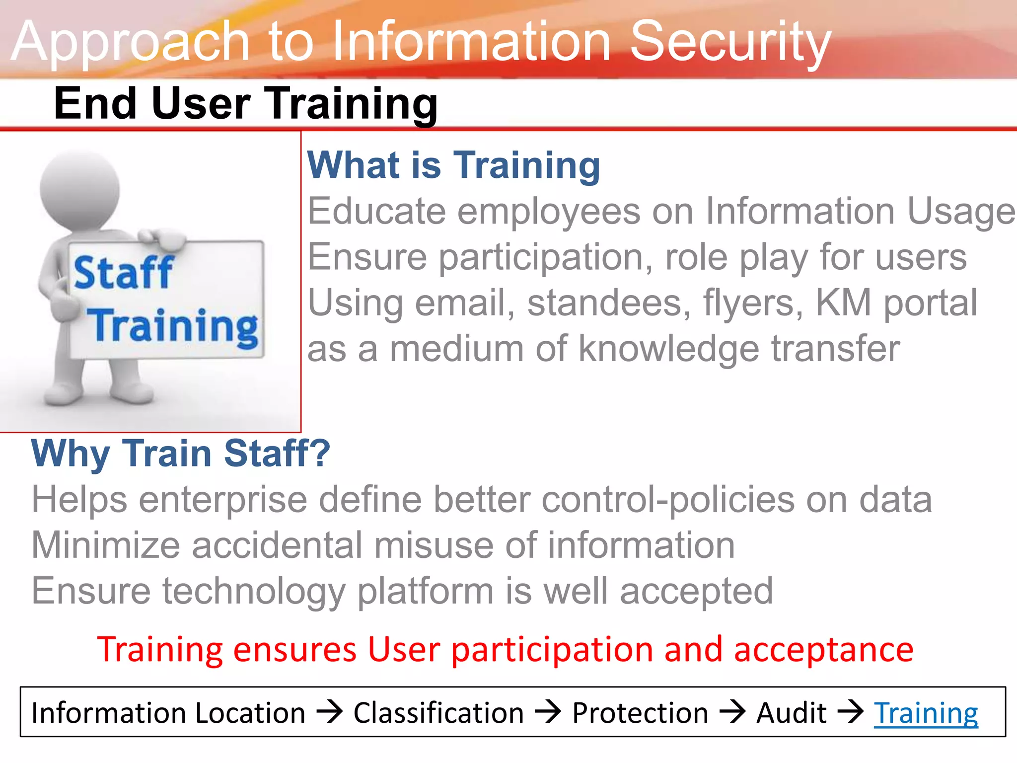 Approach to Information Security
 End User Training
                    What is Training
                    Educate employees on Information Usage
                    Ensure participation, role play for users
                    Using email, standees, flyers, KM portal
                    as a medium of knowledge transfer

Why Train Staff?
Helps enterprise define better control-policies on data
Minimize accidental misuse of information
Ensure technology platform is well accepted
    Training ensures User participation and acceptance
Information Location  Classification  Protection  Audit  Training
 