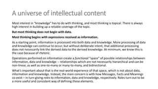 A universe of intellectual content
Most interest in “knowledge” has to do with thinking, and most thinking is topical. There is always
high interest in building up a reliable coverage of the topic.
But most thinking does not begin with data.
Most thinking begins with expressions received as information.
As a starting point, information is processed into both data and knowledge. More processing of data
and knowledge can continue to occur; but without deliberate intent, that additional processing
does not necessarily link the derived data to the derived knowledge. At minimum, we know this is
the case because of rhetoric.
Operations performed on information create a functional “space” of possible relationships between
information, data and knowledge -- relationships which are not necessarily hierarchical and can be
non-linear, as well as one-to-many or many-to-many, and bidirectional.
What’s important about that is the real-world experience of that space, which is not about data,
information and knowledge. Instead, the main concern is with how Messages, Facts and Meanings
co-exist – in turn giving roles to information, data and knowledge, respectively. Roles turn out to be
a more useful and consistent way of defining these elements.

 