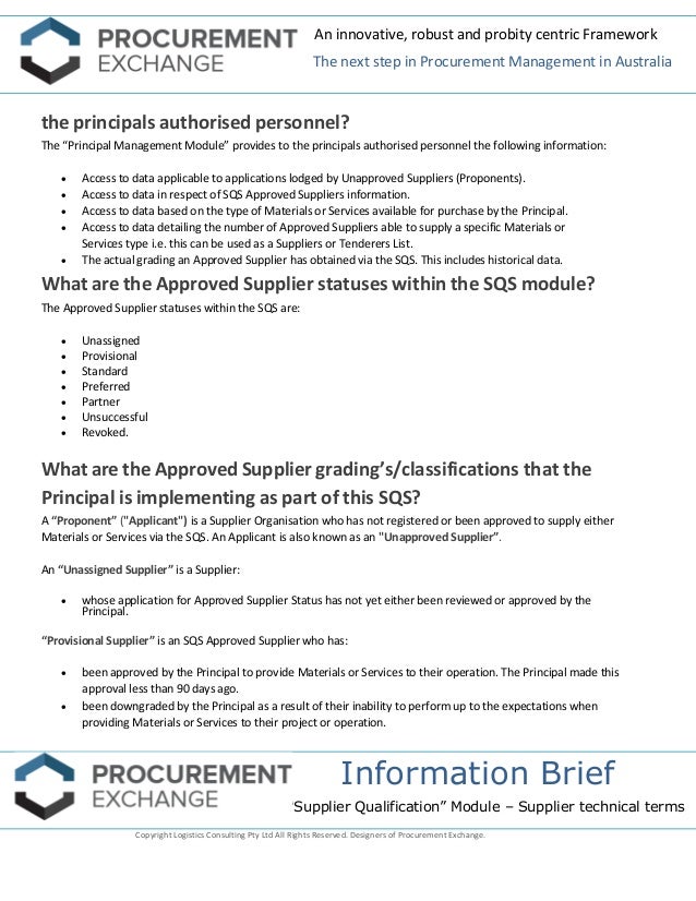 Procurement Exchange Supplier qualification Module, Supplier