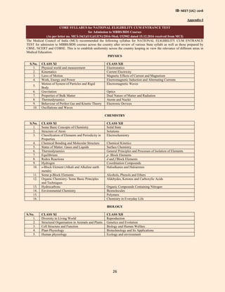 IB- NEET (UG) -2018
26
Appendix-I
CORE SYLLABUS for NATIONAL ELIGIBILITY CUM ENTRANCE TEST
for Admission to MBBS/BDS Courses
(As per letter no. MCI-34(1)(UG)(GEN)/2016-Med./152902 dated 15.12.2016 received from MCI)
The Medical Council of India (MCI) recommended the following syllabus for NATIONAL ELIGIBILITY CUM ENTRANCE
TEST for admission to MBBS/BDS courses across the country after review of various State syllabi as well as those prepared by
CBSE, NCERT and COBSE. This is to establish uniformity across the country keeping in view the relevance of different areas in
Medical Education.
PHYSICS
S.No. CLASS XI CLASS XII
1. Physical world and measurement Electrostatics
2. Kinematics Current Electricity
3. Laws of Motion Magnetic Effects of Current and Magnetism
4. Work, Energy and Power Electromagnetic Induction and Alternating Currents
5.
Motion of System of Particles and Rigid
Body
Electromagnetic Waves
6. Gravitation Optics
7. Properties of Bulk Matter Dual Nature of Matter and Radiation
8. Thermodynamics Atoms and Nuclei
9. Behaviour of Perfect Gas and Kinetic Theory Electronic Devices
10. Oscillations and Waves
CHEMISTRY
S.No. CLASS XI CLASS XII
1. Some Basic Concepts of Chemistry Solid State
2. Structure of Atom Solutions
3. Classification of Elements and Periodicity in
Properties
Electrochemistry
4. Chemical Bonding and Molecular Structure Chemical Kinetics
5. States of Matter: Gases and Liquids Surface Chemistry
6. Thermodynamics General Principles and Processes of Isolation of Elements
7. Equilibrium p- Block Elements
8. Redox Reactions d and f Block Elements
9. Hydrogen Coordination Compounds
10. s-Block Element (Alkali and Alkaline earth
metals)
Haloalkanes and Haloarenes
11. Some p-Block Elements Alcohols, Phenols and Ethers
12. Organic Chemistry- Some Basic Principles
and Techniques
Aldehydes, Ketones and Carboxylic Acids
13. Hydrocarbons Organic Compounds Containing Nitrogen
14. Environmental Chemistry Biomolecules
15. Polymers
16. Chemistry in Everyday Life
BIOLOGY
S.No. CLASS XI CLASS XII
1. Diversity in Living World Reproduction
2. Structural Organisation in Animals and Plants Genetics and Evolution
3. Cell Structure and Function Biology and Human Welfare
4. Plant Physiology Biotechnology and Its Applications
5. Human physiology Ecology and environment
 