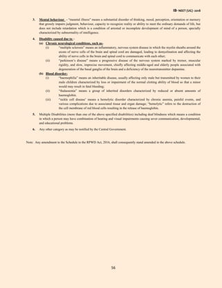 IB- NEET (UG) -2018
56
3. Mental behaviour - “meantal illness” means a substantial disorder of thinking, mood, perception, orientation or memory
that grossly impairs judgment, behaviour, capacity to recognize reality or ability to meet the ordinary demands of life, but
does not include retardation which is a condition of arrested or incomplete development of mind of a person, specially
characterized by subnormality of intelligence.
4. Disability caused due to –
(a) Chronic neurological conditions, such as-
(i) “multiple sclerosis” means an inflammatory, nervous system disease in which the myelin sheaths around the
axons of nerve cells of the brain and spinal cord are damaged, leading to demyelination and affecting the
ability of nerve cells in the brain and spinal cord to communicate with each other;
(ii) “parkinson’s disease” means a progressive disease of the nervous system marked by tremor, muscular
rigidity, and slow, imprecise movement, chiefly affecting middle-aged and elderly people associated with
degeneration of the basal ganglia of the brain and a deficiency of the neurotransmitter dopamine.
(b) Blood disorder-
(i) “haemophilia” means an inheritable disease, usually affecting only male but transmitted by women to their
male children characterized by loss or impairment of the normal clotting ability of blood so that a minor
would may result in fatal bleeding;
(ii) “thalassemia” means a group of inherited disorders characterized by reduced or absent amounts of
haemoglobin.
(iii) “sickle cell disease’ means a hemolytic disorder characterized by chronic anemia, painful events, and
various complications due to associated tissue and organ damage; “hemolytic” refers to the destruction of
the cell membrane of red blood cells resulting in the release of haemoglobin.
5. Multiple Disabilities (more than one of the above specified disabilities) including deaf blindness which means a condition
in which a person may have combination of hearing and visual impairments causing sever communication, developmental,
and educational problems.
6. Any other category as may be notified by the Central Government.
Note: Any amendment to the Schedule to the RPWD Act, 2016, shall consequently stand amended in the above schedule.
 