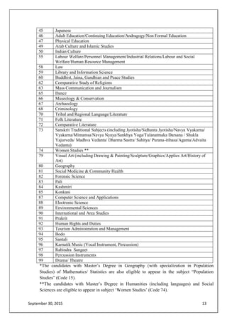 September 30, 2015 13
45 Japanese
46 Adult Education/Continuing Education/Andragogy/Non Formal Education
47 Physical Education
49 Arab Culture and Islamic Studies
50 Indian Culture
55 Labour Welfare/Personnel Management/Industrial Relations/Labour and Social
Welfare/Human Resource Management
58 Law
59 Library and Information Science
60 Buddhist, Jaina, Gandhian and Peace Studies
62 Comparative Study of Religions
63 Mass Communication and Journalism
65 Dance
66 Museology & Conservation
67 Archaeology
68 Criminology
70 Tribal and Regional Language/Literature
71 Folk Literature
72 Comparative Literature
73 Sanskrit Traditional Subjects (including Jyotisha/Sidhanta Jyotisha/Navya Vyakarna/
Vyakarna/Mimamsa/Navya Nyaya/Sankhya Yoga/Tulanatmaka Darsana / Shukla
Yajurveda/ Madhva Vedanta/ Dharma Sastra/ Sahitya/ Purana-itihasa/Agama/Advaita
Vedanta)
74 Women Studies **
79 Visual Art (including Drawing & Painting/Sculpture/Graphics/Applies Art/History of
Art)
80 Geography
81 Social Medicine & Community Health
82 Forensic Science
83 Pali
84 Kashmiri
85 Konkani
87 Computer Science and Applications
88 Electronic Science
89 Environmental Sciences
90 International and Area Studies
91 Prakrit
92 Human Rights and Duties
93 Tourism Administration and Management
94 Bodo
95 Santali
96 Karnatik Music (Vocal Instrument, Percussion)
97 Rabindra Sangeet
98 Percussion Instruments
99 Drama/ Theatre
*The candidates with Master‟s Degree in Geography (with specialization in Population
Studies) of Mathematics/ Statistics are also eligible to appear in the subject “Population
Studies” (Code 15).
**The candidates with Master‟s Degree in Humanities (including languages) and Social
Sciences are eligible to appear in subject „Women Studies‟ (Code 74).
 