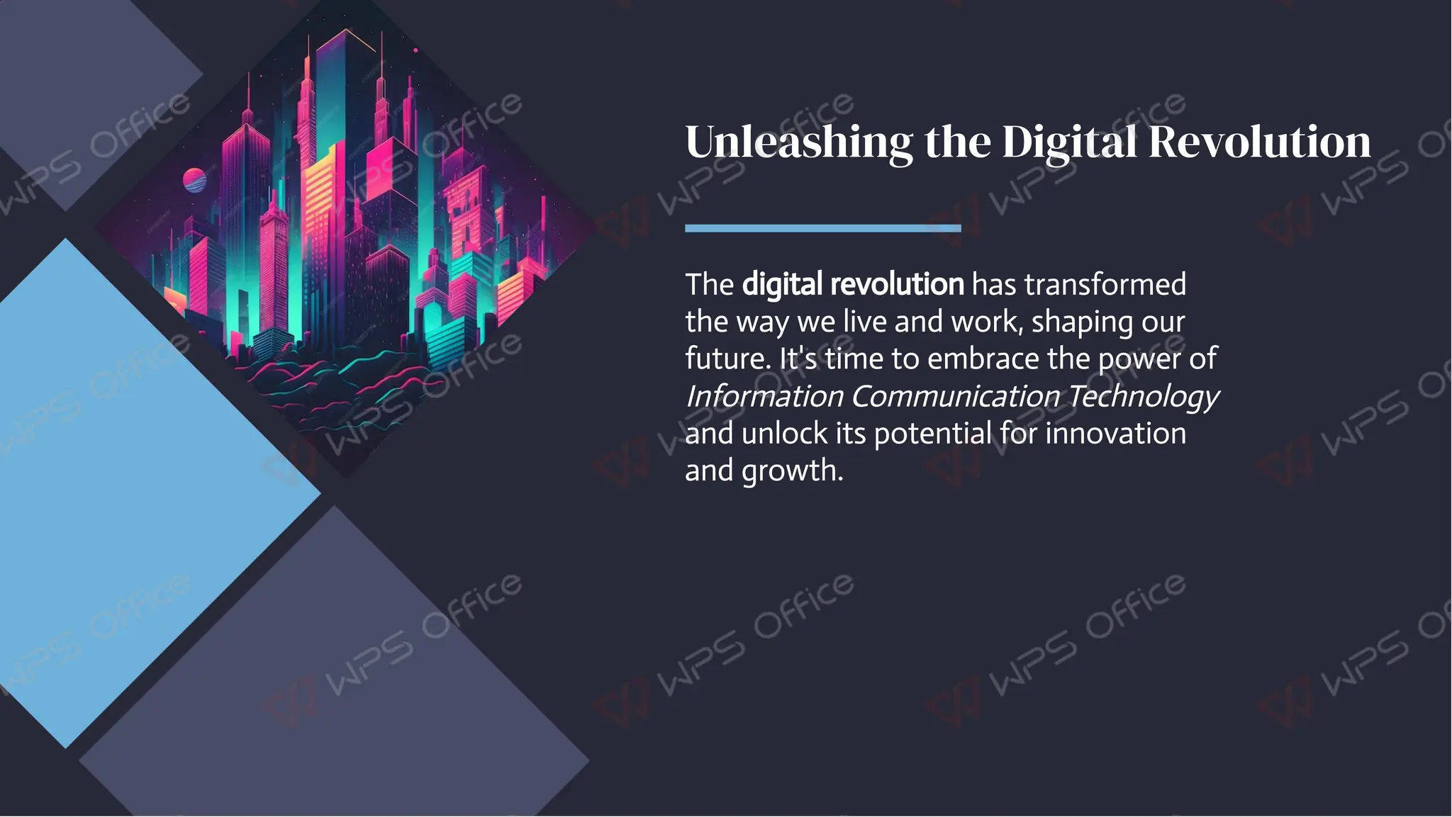 Unleashing the Digital Revolution
Unleashing the Digital Revolution
The digital revolution has transformed
the way we live and work, shaping our
future. It's time to embrace the power of
Information Communication Technology
and unlock its potential for innovation
and growth.
The digital revolution has transformed
the way we live and work, shaping our
future. It's time to embrace the power of
Information Communication Technology
and unlock its potential for innovation
and growth.
 