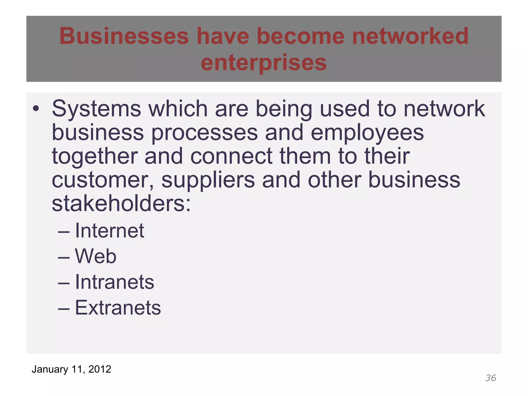 Businesses have become networked enterprises Systems which are being used to network business processes and employees together and connect them to their customer, suppliers and other business stakeholders: Internet Web Intranets Extranets 