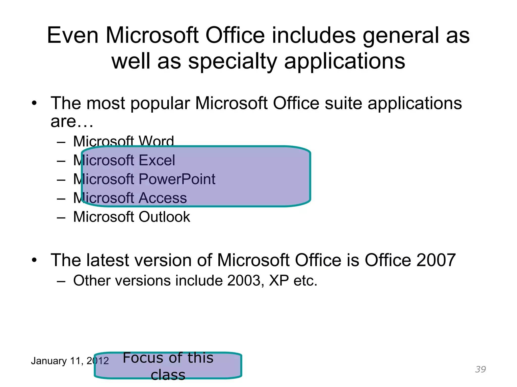 Even Microsoft Office includes general as well as specialty applications The most popular Microsoft Office suite applications are… Microsoft Word Microsoft Excel Microsoft PowerPoint Microsoft Access Microsoft Outlook The latest version of Microsoft Office is Office 2007 Other versions include 2003, XP etc. Focus of this class 