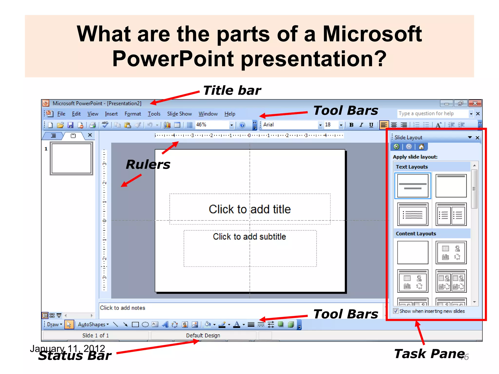 What are the parts of a Microsoft PowerPoint presentation? Title bar Tool Bars Task Pane Status Bar Rulers Tool Bars 