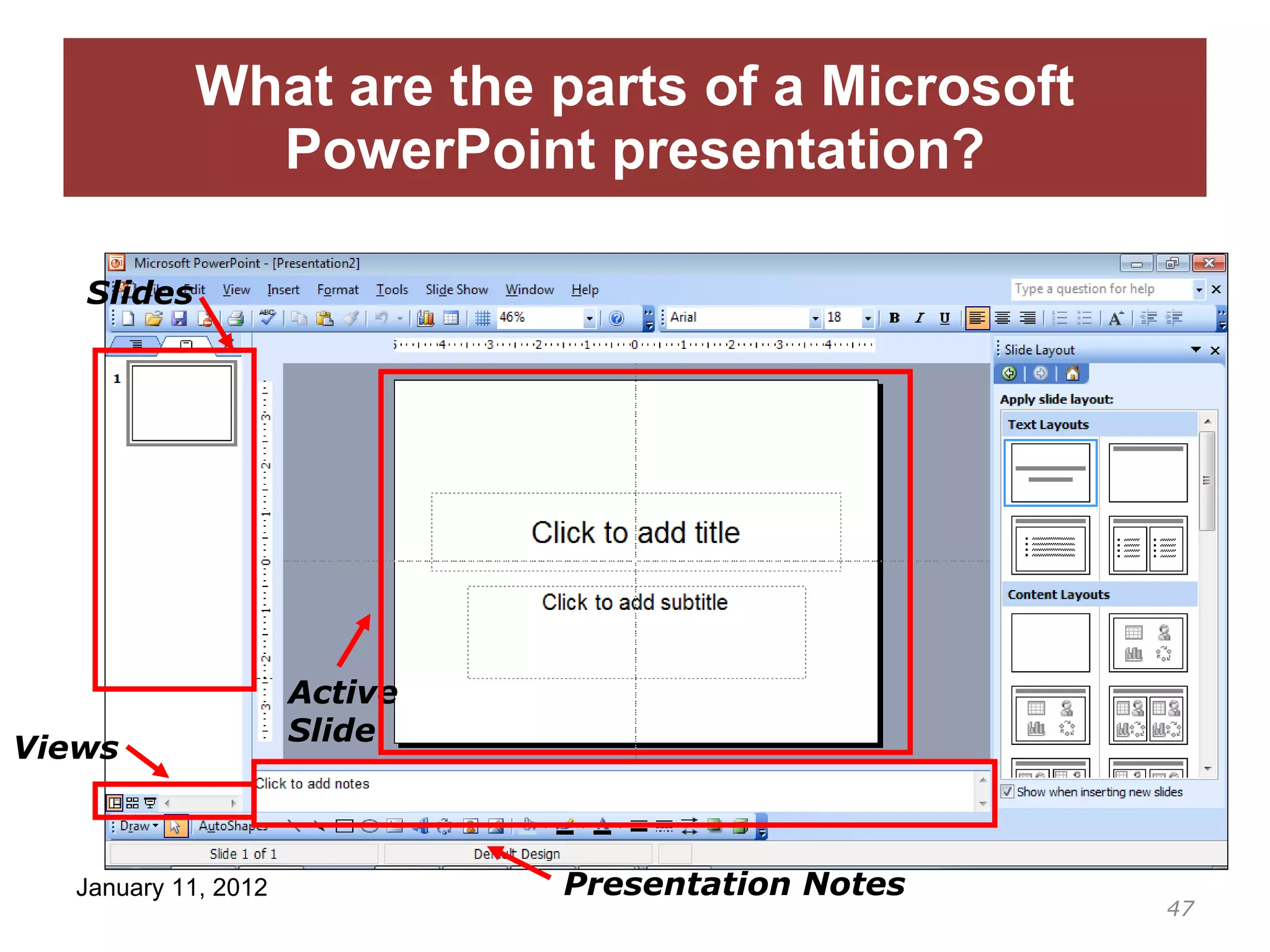 What are the parts of a Microsoft PowerPoint presentation? Active Slide Slides Views Presentation Notes 