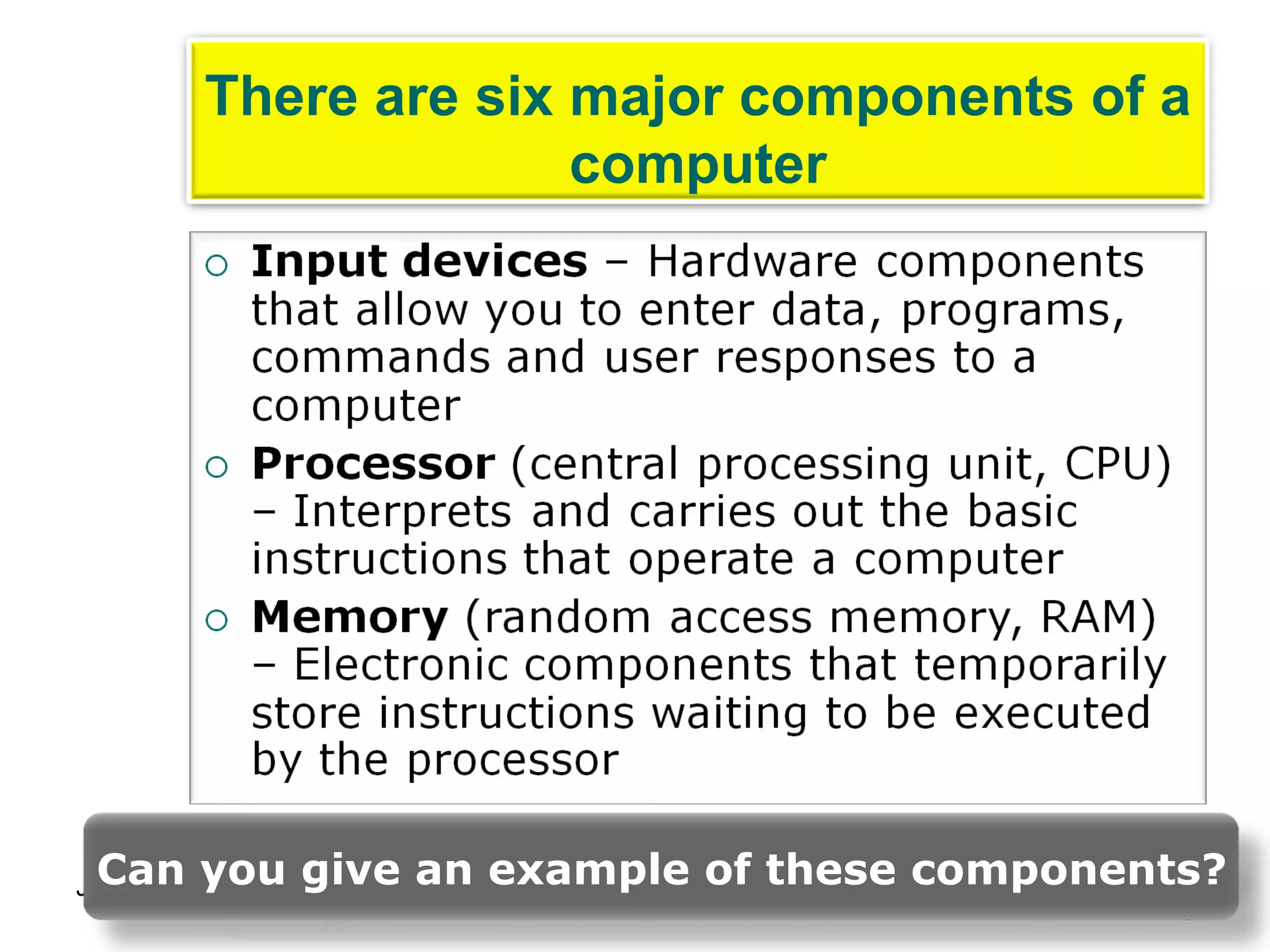There are six major components of a computer Can you give an example of these components? 