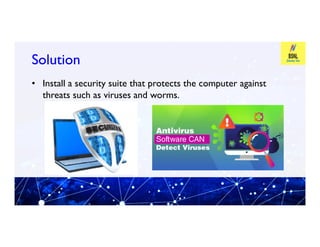Solution
Solution
• Install a security suite that protects the computer against
threats such as viruses and worms.
 