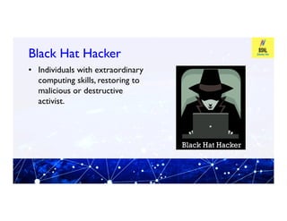 Black Hat Hacker
Black Hat Hacker
• Individuals with extraordinary
computing skills, restoring to
malicious or destructive
activist.
 