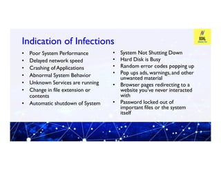 Indication of Infections
Indication of Infections
• Poor System Performance
• Delayed network speed
• Crashing of Applications
• Abnormal System Behavior
• Unknown Services are running
• System Not Shutting Down
• Hard Disk is Busy
• Random error codes popping up
• Pop ups ads, warnings, and other
unwanted material
• Browser pages redirecting to a
• Unknown Services are running
• Change in file extension or
contents
• Automatic shutdown of System
• Browser pages redirecting to a
website you’ve never interacted
with
• Password locked out of
important files or the system
itself
 