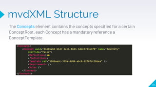 mvdXML Structure
The Concepts element contains the concepts specified for a certain
ConceptRoot, each Concept has a mandat...
