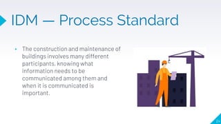 IDM — Process Standard
24
▸ The construction and maintenance of
buildings involves many different
participants, knowing wh...