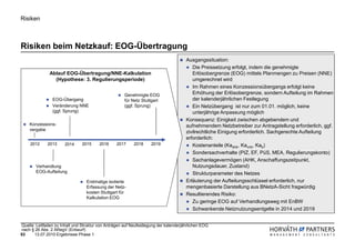 Risiken



Risiken beim Netzkauf: EOG-Übertragung
                                                                                      Ausgangssituation:
                                                                                         Die Preissetzung erfolgt, indem die genehmigte
               Ablauf EOG-Übertragung/NNE-Kalkulation                                    Erlösobergrenze (EOG) mittels Planmengen zu Preisen (NNE)
                 (Hypothese: 3. Regulierungsperiode)                                     umgerechnet wird
                                                                                         Im Rahmen eines Konzessionsübergangs erfolgt keine
                                                      Genehmigte EOG                     Erhöhung der Erlösobergrenze, sondern Aufteilung im Rahmen
                EOG-Übergang                          für Netz Stuttgart                 der kalenderjährlichen Festlegung
                Veränderung NNE                       (ggf. Sprung)                      Ein Netzübergang ist nur zum 01.01. möglich, keine
                (ggf. Sprung)                                                            unterjährige Anpassung möglich
                                                                                      Konsequenz: Einigkeit zwischen abgebendem und
    Konzessions-                                                                      aufnehmendem Netzbetreiber zur Antragstellung erforderlich, ggf.
    vergabe
                                                                                      zivilrechtliche Einigung erforderlich. Sachgerechte Aufteilung
                                                                                      erforderlich:
     2012     2013     2014     2015     2016     2017     2018     2019                 Kostenanteile (Kadnb, Kavnb, Kab)
                                                                                         Sondersachverhalte (PIZ, EF, PüS, MEA, Regulierungskonto)
                                                                                         Sachanlagevermögen (AHK, Anschaffungszeitpunkt,
        Verhandlung                                                                      Nutzungsdauer, Zustand)
        EOG-Aufteilung                                                                   Strukturparameter des Netzes
                                  Erstmalige isolierte                                Erläuterung der Aufteilungsschlüssel erforderlich, nur
                                  Erfassung der Netz-                                 mengenbasierte Darstellung aus BNetzA-Sicht fragwürdig
                                  kosten Stuttgart für                                Resultierendes Risiko:
                                  Kalkulation EOG
                                                                                         Zu geringe EOG auf Verhandlungsweg mit EnBW
                                                                                         Schwankende Netznutzungsentgelte in 2014 und 2019


Quelle: Leitfaden zu Inhalt und Struktur von Anträgen auf Neufestlegung der kalenderjährlichen EOG
nach § 26 Abs. 2 ARegV (Entwurf)
53     13.07.2010 Ergebnisse Phase 1
 