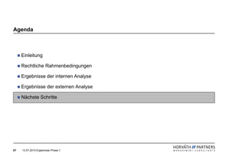 Agenda



     Einleitung

     Rechtliche Rahmenbedingungen

     Ergebnisse der internen Analyse

     Ergebnisse der externen Analyse

     Nächste Schritte




57   13.07.2010 Ergebnisse Phase 1
 