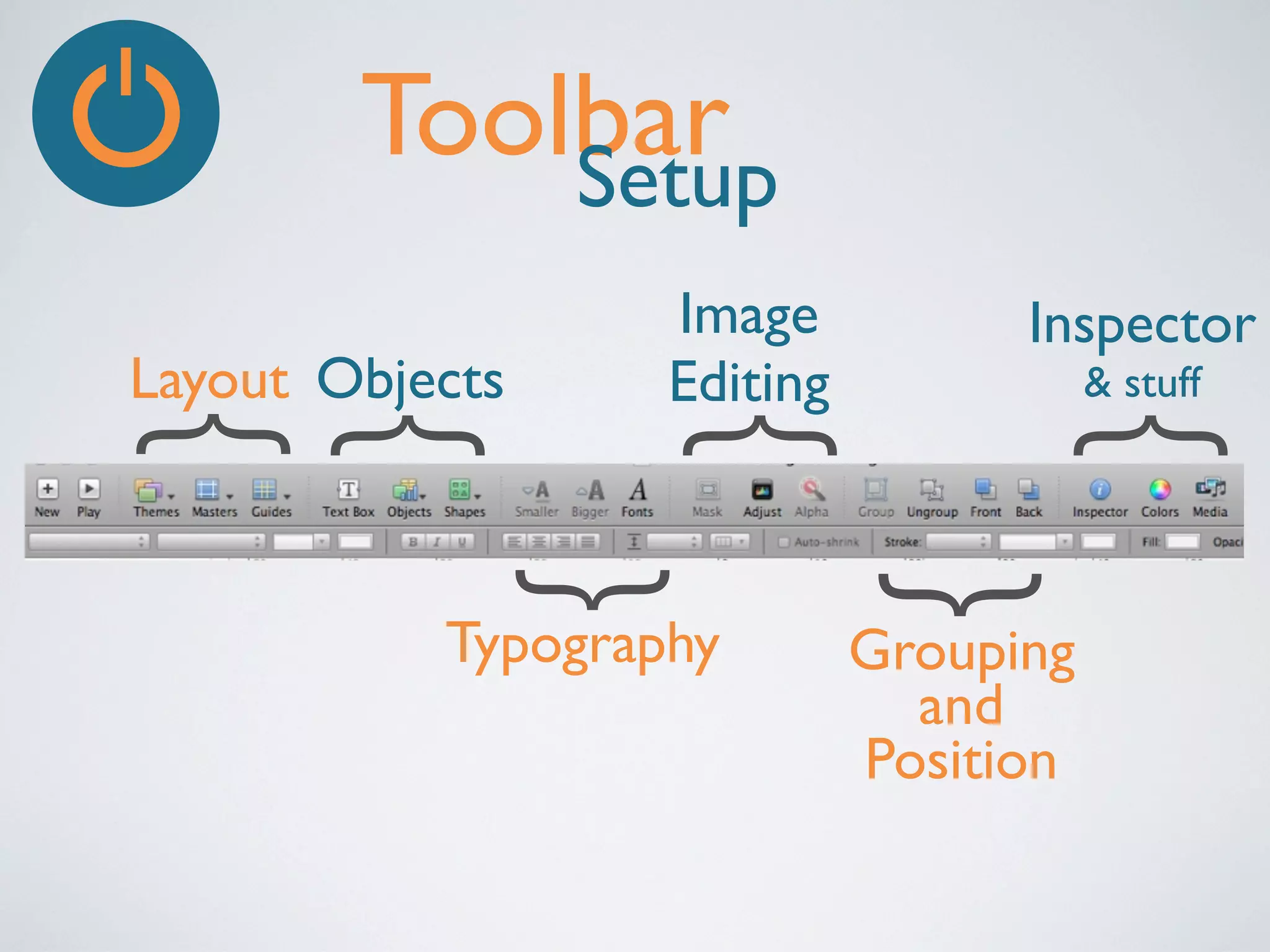 Toolbar
Setup
Inspector
& stuff

{

{

Typography

{

{

{
{

Layout Objects

Image
Editing

Grouping
and
Position

 