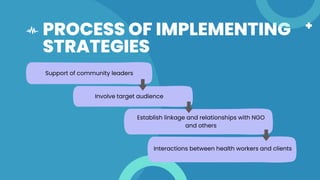 PROCESS OF IMPLEMENTING
STRATEGIES
Establish linkage and relationships with NGO
and others
02
Interactions between health workers and clients
Support of community leaders
Involve target audience
 