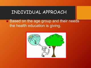 INDIVIDUAL APPROACH
 Based on the age group and their needs
the health education is giving.
 