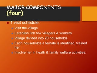 MAJOR COMPONENTS
(four)
 1.visit schedule:
 Visit the village
 Establish link b/w villagers & workers
 Village divided into 20 households
 Each households a female is identified, trained
her
 Involve her in heath & family welfare activities.
 