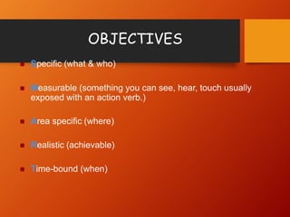 OBJECTIVES
 Specific (what & who)
 Measurable (something you can see, hear, touch usually
exposed with an action verb.)
 Area specific (where)
 Realistic (achievable)
 Time-bound (when)
 