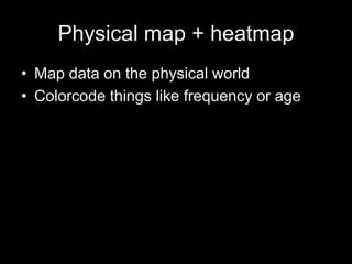 Physical map + heatmap
• Map data on the physical world
• Colorcode things like frequency or age
 