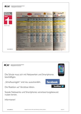37
andy.schaer@fhnw.ch Pädagogische Hochschule FHNW, Institut Weiterbildung und Beratung, imedias.ch August 2013
8/2013 test
Die Schule muss sich mit Netzwerken und Smartphones
beschäftigen.
„Schulhausregeln“ sind neu auszuhandeln.
Die Reaktion auf Verstösse klären.
Soziale Netzwerke und Smartphones verantwortungsbewusst
nutzen lernen.
Informieren!
andy.schaer@fhnw.ch Pädagogische Hochschule FHNW, Institut Weiterbildung und Beratung, imedias.ch August 2013
 