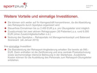 04.09.2014 
Seite 7 
Weitere Vorteile und einmalige Investitionen. 
✚ Sie können sich weiter auf Ihr Kerngeschäft konzentrieren, da die Abwicklung 
des Rehasports durch Sportplus organisiert wird 
✚ Steuerfreie Einnahmen bis zu 2.400 EUR p.a. pro Übungsleiter sind möglich 
✚ Zusatzumsatz bei zwei aktiven Rehagruppen (30 Patienten) p.a. rund 6.000 
EUR (ohne Zusatzmitgliedschaften o.ä.) 
✚ Nutzung des Sportplus – Rehaportals mit Managementcockpit und Balanced 
Scorecard (ab Januar 2015) 
Ihre einmalige Investition: 
✚ Die Basisleistung der Rehasport-Angliederung erhalten Sie bereits ab 990,- 
EUR. Darin enthalten ist die Zertifizierung und eine zentrale Produktschulung 
sowie sechsmonatige intensive Betreuung in der Startphase. Zusätzliche 
Kosten können für die Ausbildung des Personals zum Rehasport-Übungsleiter 
entstehen. 
 