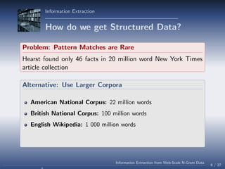 Information Extraction
How do we get Structured Data?
Problem: Pattern Matches are Rare
Hearst found only 46 facts in 20 m...