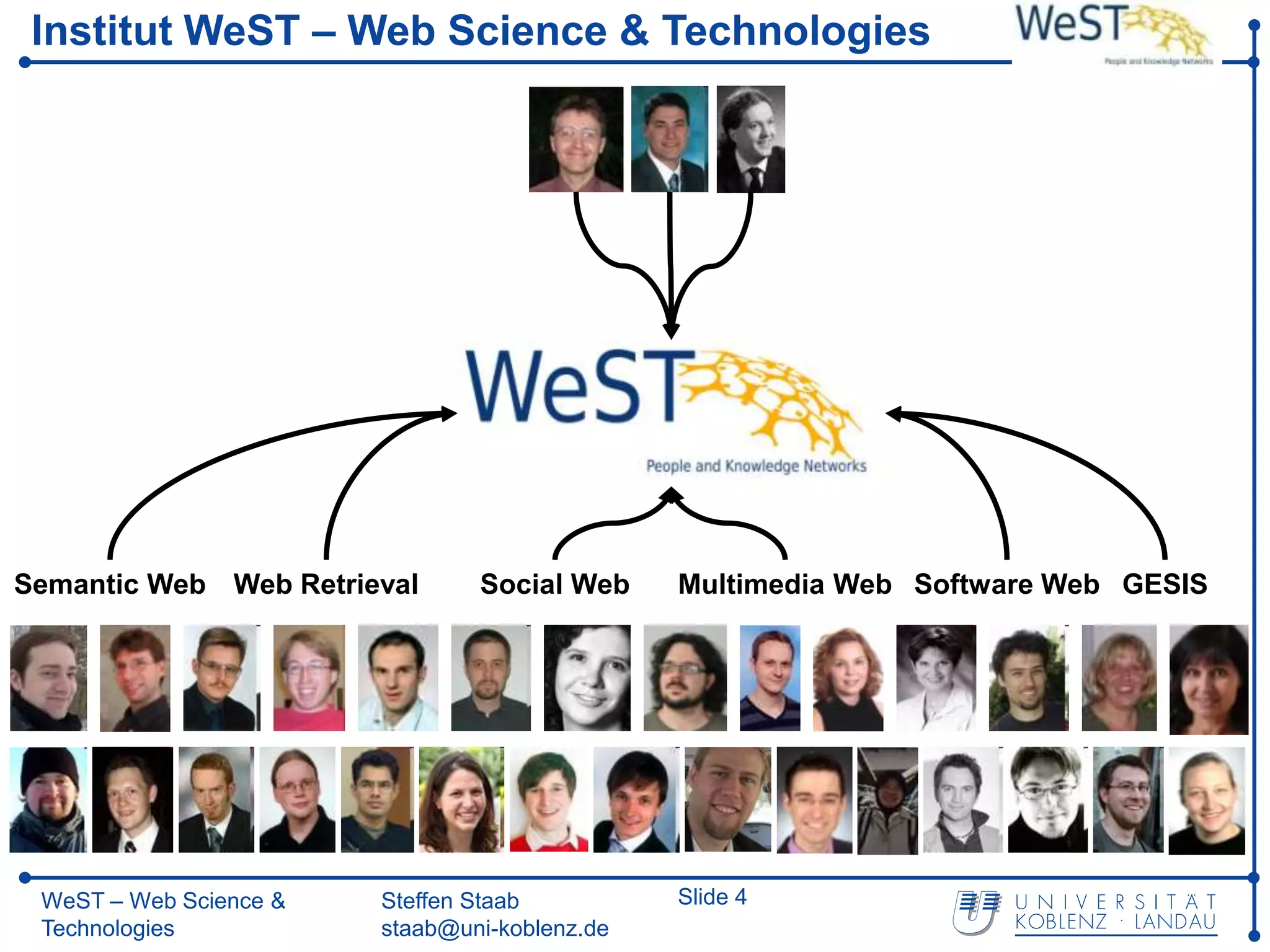 Institut WeST – Web Science & Technologies




Semantic Web Web Retrieval      Social Web     Multimedia Web Software Web GESIS




 WeST – Web Science &   Steffen Staab          Slide 4
 Technologies           staab@uni-koblenz.de
 