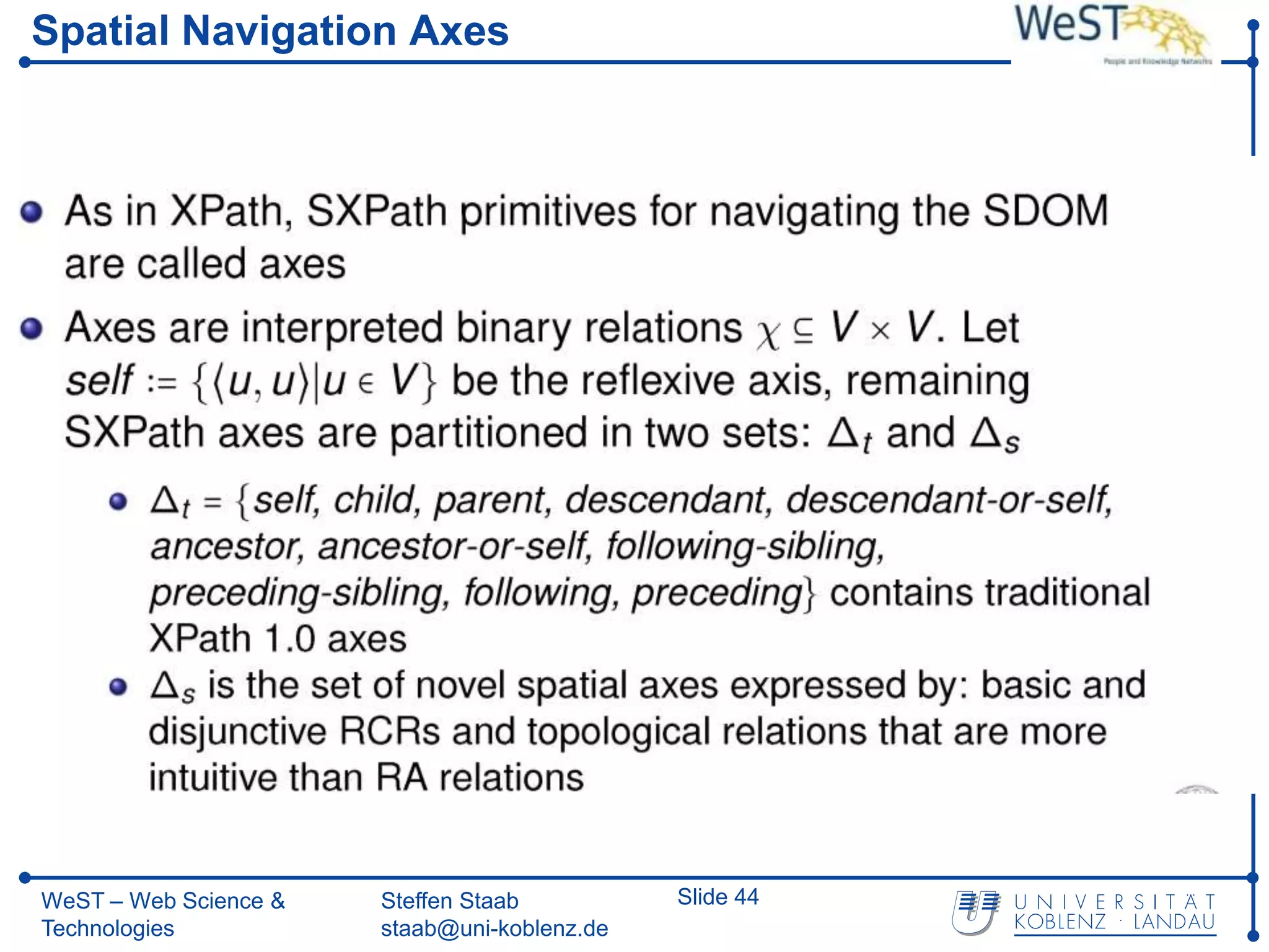 Spatial Navigation Axes




WeST – Web Science &   Steffen Staab          Slide 44
Technologies           staab@uni-koblenz.de
 