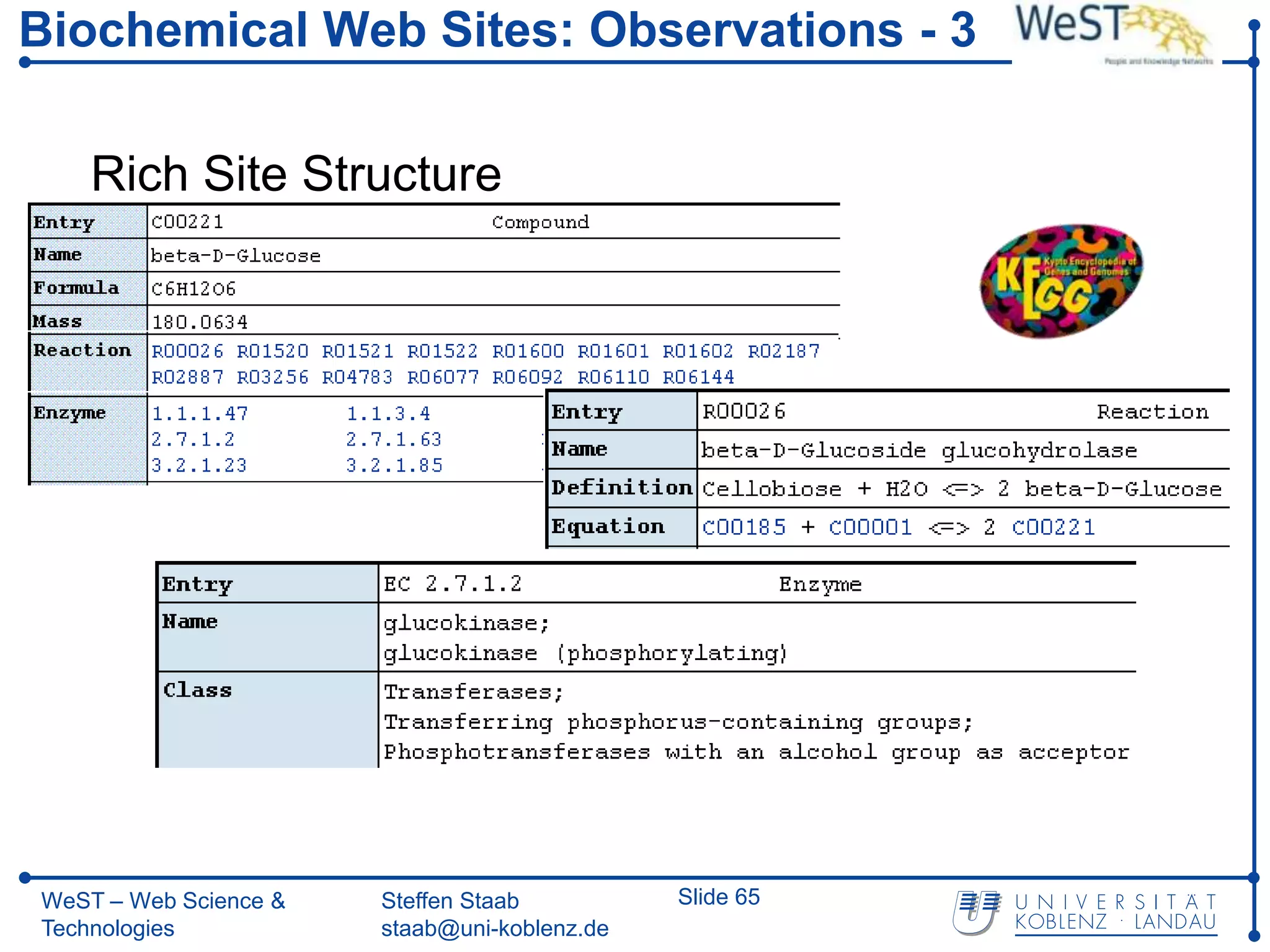 Biochemical Web Sites: Observations - 3

    Rich Site Structure




WeST – Web Science &   Steffen Staab          Slide 65
Technologies           staab@uni-koblenz.de
 