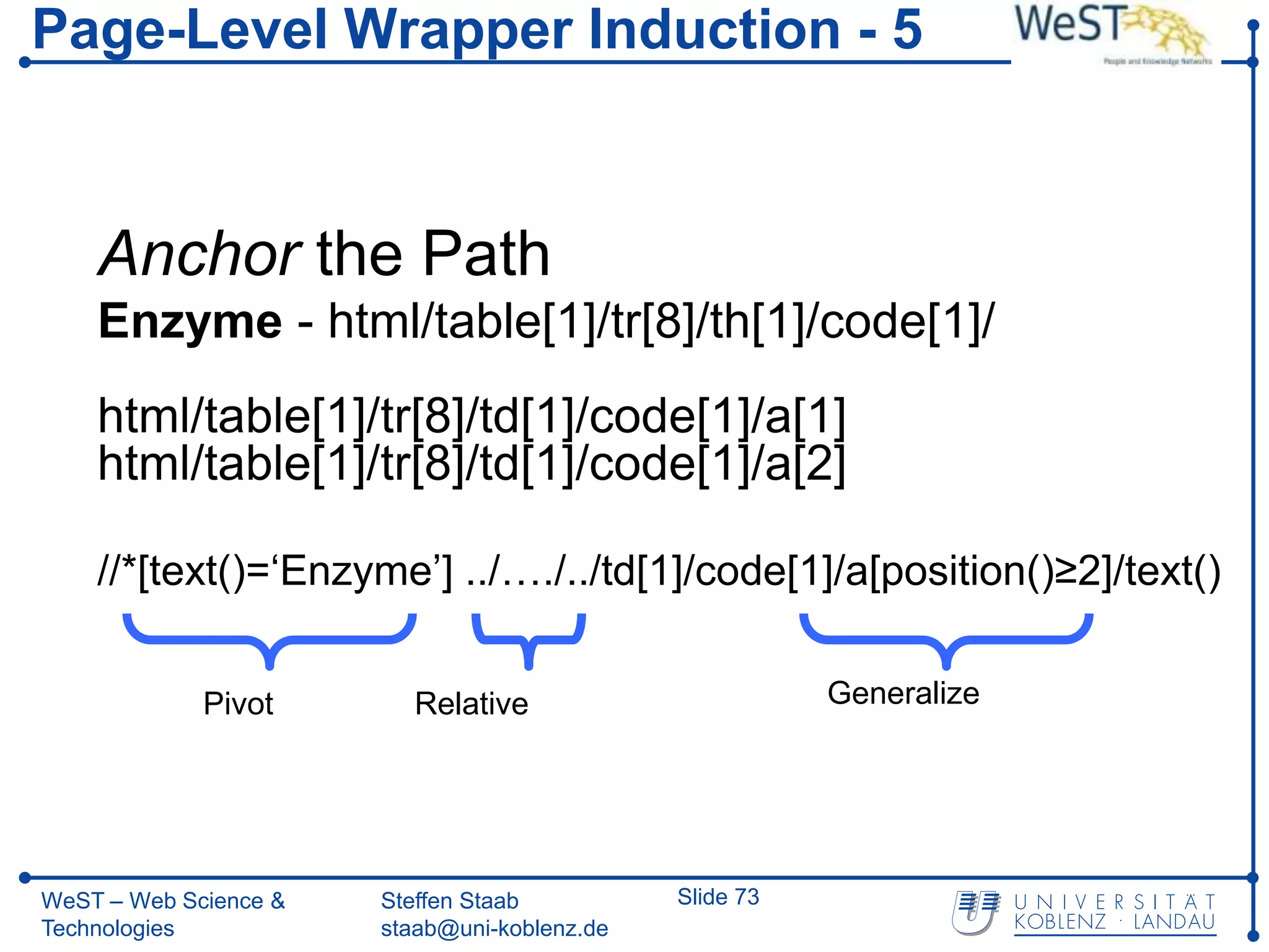 Page-Level Wrapper Induction - 5



    Anchor the Path
    Enzyme - html/table[1]/tr[8]/th[1]/code[1]/
    html/table[1]/tr[8]/td[1]/code[1]/a[1]
    html/table[1]/tr[8]/td[1]/code[1]/a[2]

    //*[text()=‘Enzyme’] ../…./../td[1]/code[1]/a[position()≥2]/text()


             Pivot       Relative                        Generalize




WeST – Web Science &   Steffen Staab          Slide 73
Technologies           staab@uni-koblenz.de
 