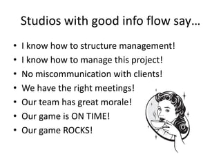 Studios with good info flow say…
•   I know how to structure management!
•   I know how to manage this project!
•   No miscommunication with clients!
•   We have the right meetings!
•   Our team has great morale!
•   Our game is ON TIME!
•   Our game ROCKS!
 
