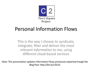 Personal Information Flows This is the way I choose to syndicate, integrate, filter and deliver the most relevant information to me, using different cloud-based services Note: This presentation updates Information Flows previously explained trough the Blog Post: http://bit.ly/132i1C 