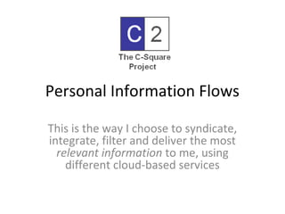 Personal Information Flows

This is the way I choose to syndicate,
integrate, filter and deliver the most
  relevant information to me, using
    different cloud-based services
 
