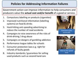 Policies for Addressing Information Failures
1. Compulsory labelling on products (cigarettes)
2. Improved nutritional information (labelling
systems) on food & drinks
3. Hard-hitting anti-speeding advertising to
reduce the number of road accidents
4. Campaigns to raise awareness of the risks of
drink-driving / drug abuse
5. Campaigns on dangers of gambling addiction
6. Performance league tables for schools
7. Consumer protection laws e.g. right for
refunds of faulty goods
8. Industry standards / guarantees for selling
used products such as second hand cars
Government action can improve information to help consumers and
producers value the actual cost and/or benefit of a good or service.
Everyone quits
eventually
Stick to the speed
limit
 