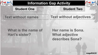 Information Gap Activity
nagaRAJU
Student One Student Two
Her name is Sona.
What adjective
describes Sona?
What is the name of
Hari’s sister?
Text without adjectivesText without names
 